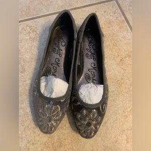 Women’s shoes. Gray with gold stitching and silver sequins.  New.  Never worn.